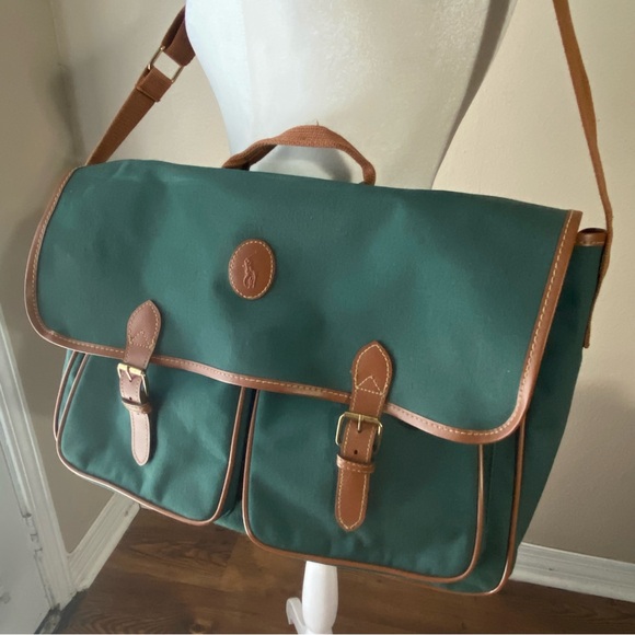 Polo Ralph Lauren Green Canvas Brown Leather Trim Messenger Bag Satchel Briefcas - Picture 1 of 11